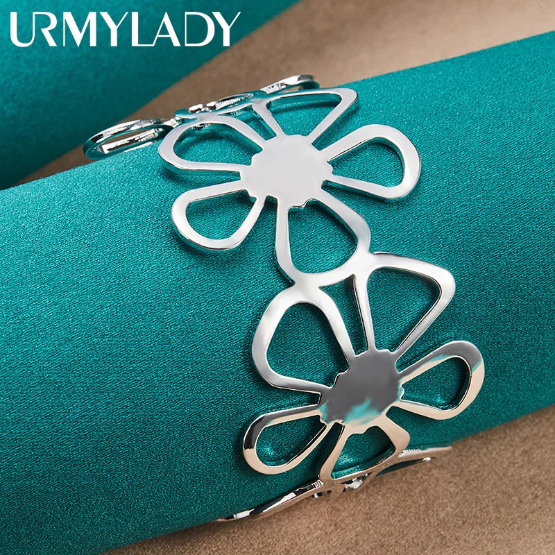 

URMYLADY 925 Sterling Silver Flower Bangle Cuff Bracelet For Women Wedding Engagement Party Fashion Jewelry