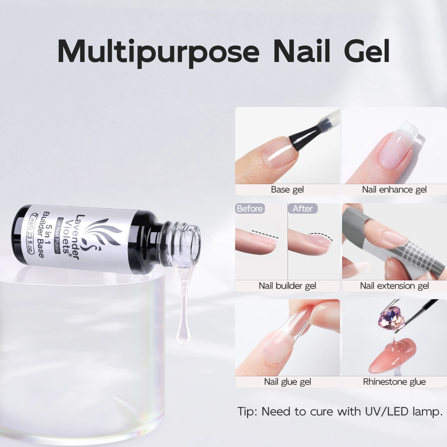 2pcs 7ml Builder Base Gel & Glow in the Dark Top Coat, Luminous Effect Soak Off Gel Nail Polish for Nail Art Design