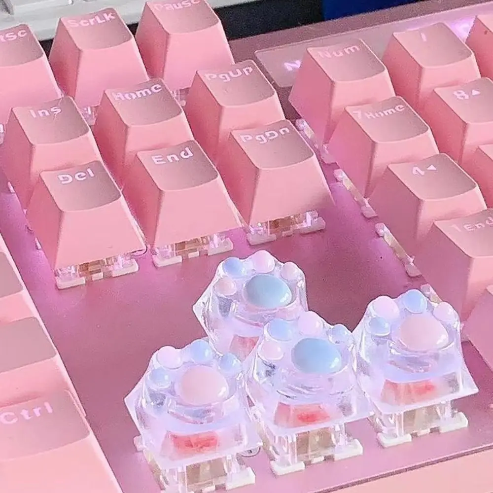 1/4 Pcs Cute Translucent Cat Paw Keycap Cross Axis Pink Blue Mechanical Keyboard Key Cap DIY Cartoon ESC WASD Keycaps