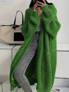 Woman's Long Knitted Casual Coat Autumn Winter Fashion Long Sleeves With Pocket Cardigan Sweater Ladies Comfort Warm Sweaters 1