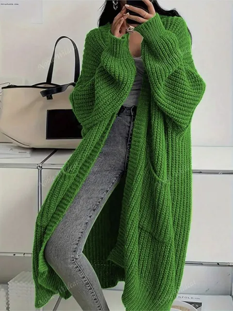Femme longue tricoté manteau décontracté automne hiver mode manches longues avec poche Cardigan pull dames confort chaud chandails 1