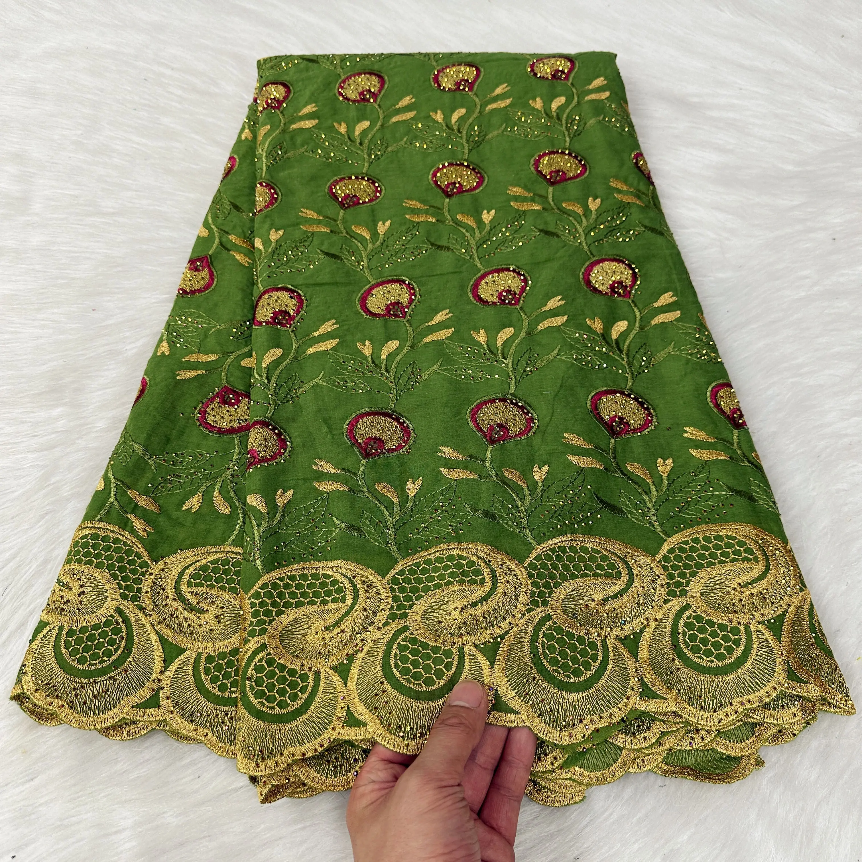 

5 yard Swiss voile lace fabric heavy beaded embroidery African High Qualit 100% cotton With diamonds popular Dubai style 9L09235
