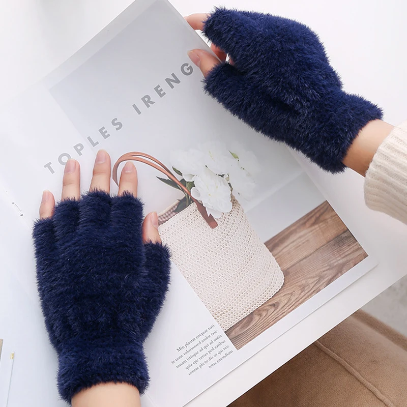 Imitation Mink Half Finger Gloves Women Girls Plush Fingerless Gloves Autumn Winter Warm Mittens Stretchy Hand Wrist Arm Warmer