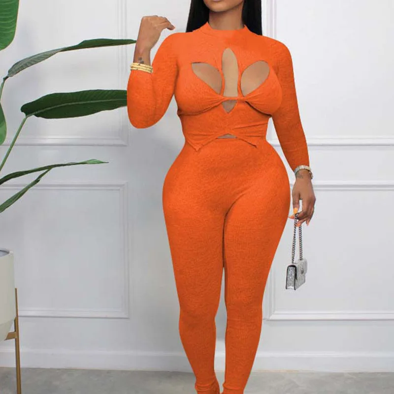 Sexy Knit Ribbed Two Piece Sets Womens Outfits Club Wear Hollow Out Crop Top and Split Pants Suits Fitness Workout Yoga Set Chic