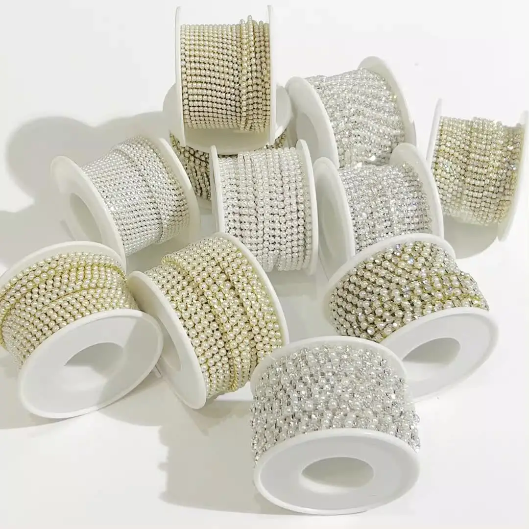 Catena Con Strass E Perle Per Cucito Fai Da Te - Decorazione Lucida Per Abiti, Matrimoni E Feste, Colore Oro, 1 Yard - Foto 6