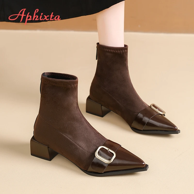 Aphixta Pointed Toe Sexy Women Ankle Boots 4.5cm Med Heels Woman Shoes Square Button Fashion Woman Boots Shoes Size 42 Footwear