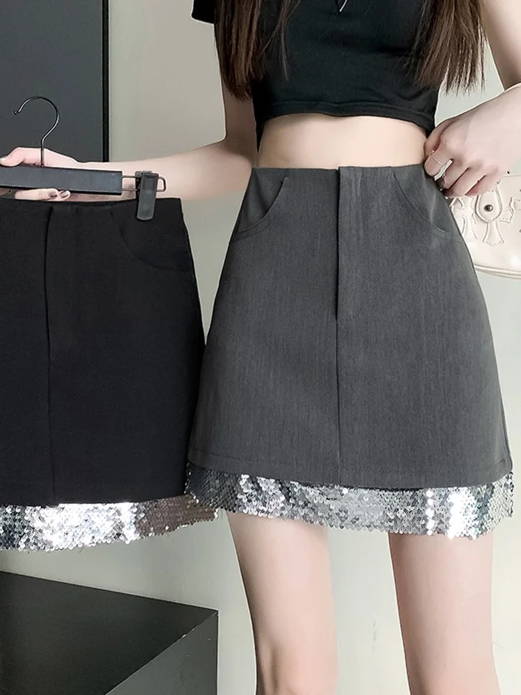 

Mini Length Sequin Skirt Grey Spring Summer 2024 High Waist Patch Work Sequineda Short Skirts Korean Style