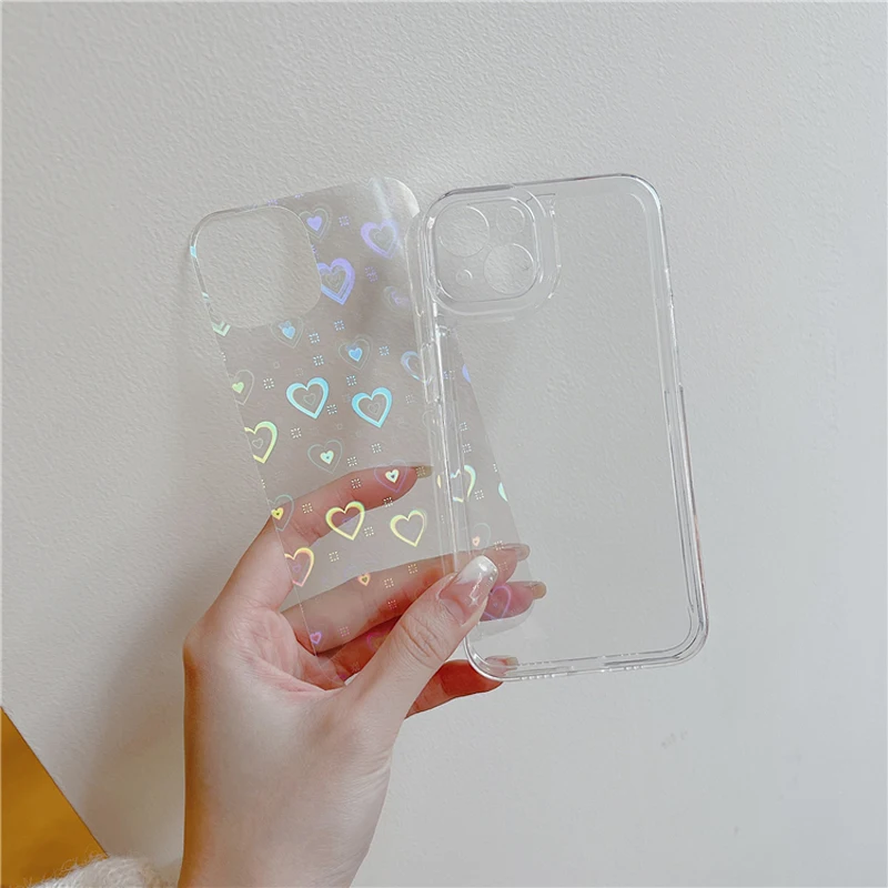 iphone 13 phone case Fashion Gradient Laser Love Heart Pattern Clear Phone Case For iPhone 13 12 11 Pro X XS Max XR 8 7 Plus SE2020 Shockproof Cover iphone 13 leather case