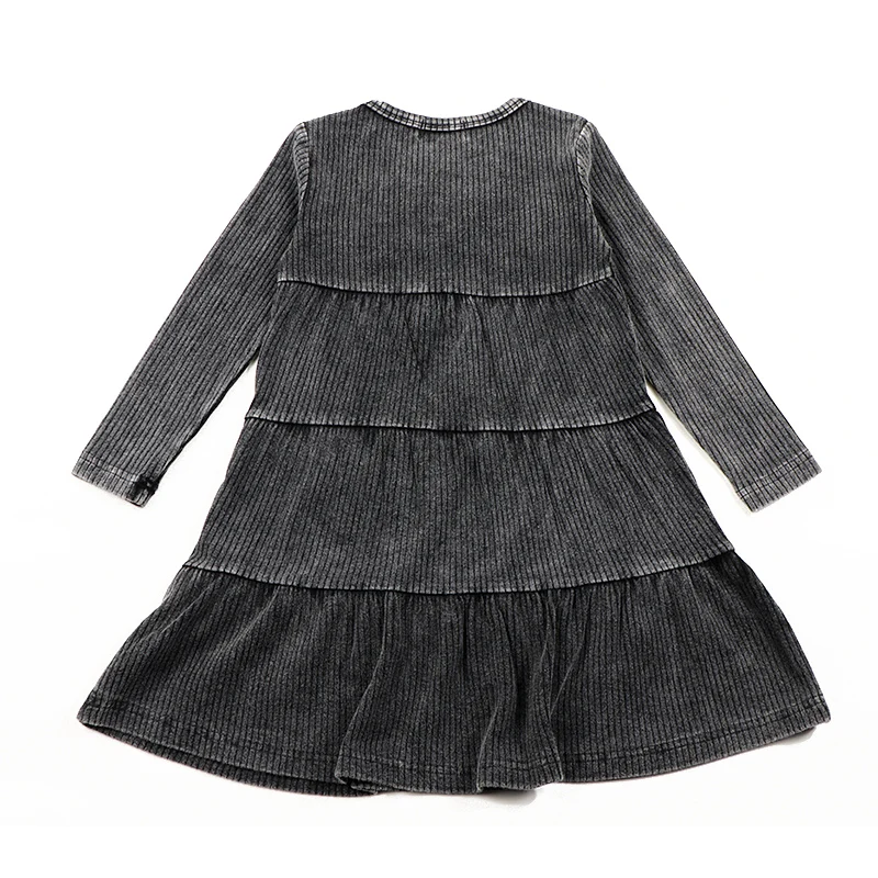 2024 Gerippte schwarze Washed-Sets mit Kordelzug, Winterkleidung, Kleider für Mädchen, Kindershirts und Babyhosen, schwarze mehrlagige Kleider – Detail 7