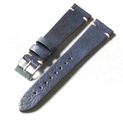 Luxurious Handmade Retro Blue Goat Leather Watchband - Ultra - Thin and Soft Strap - 19mm (Silver Buckle)
