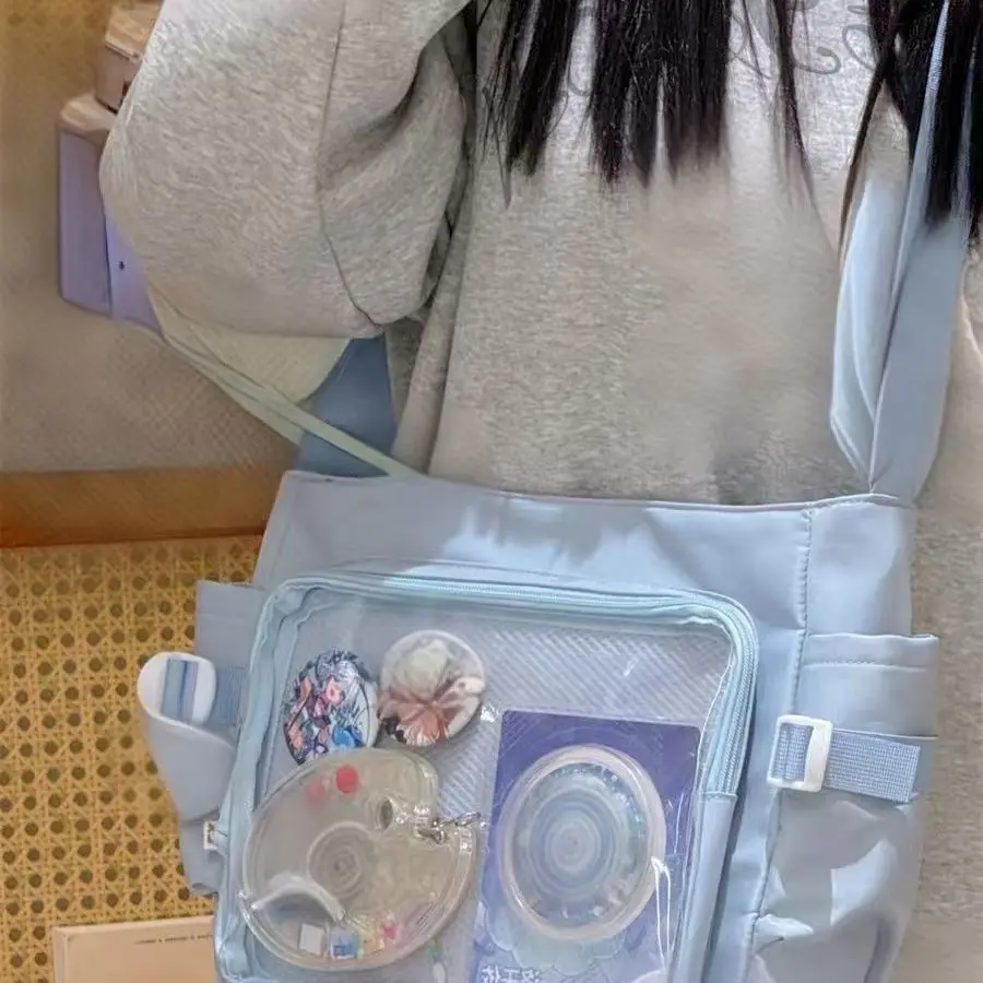 Borsa a tracolla di classe di grande capacità stile preppy Borsa da donna trasparente con badge fai-da-te Borsa a tracolla casual quotidiana Y2K Borsa Ita per ragazza carina - immagine 5