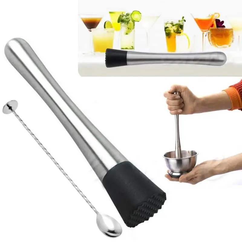 Cocktail Stirrers Bar Muddler 20cm Stainless Steel Cocktail Muddler and Mixing Spoon Professional Bar Cocktail Muddler Set for Mojitos Bar Accessories