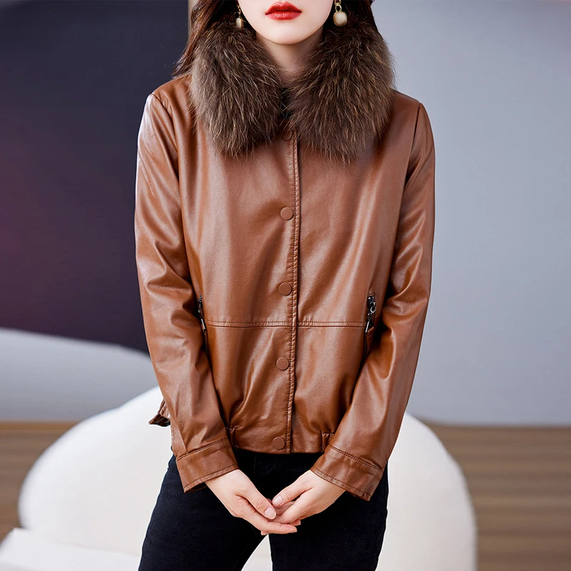 

Pu Leather Autumn Winter Jacket and Coat for Women Faux Fur Collar Faux Leather Jackets Korean Soft Plush Thick Warm Coats