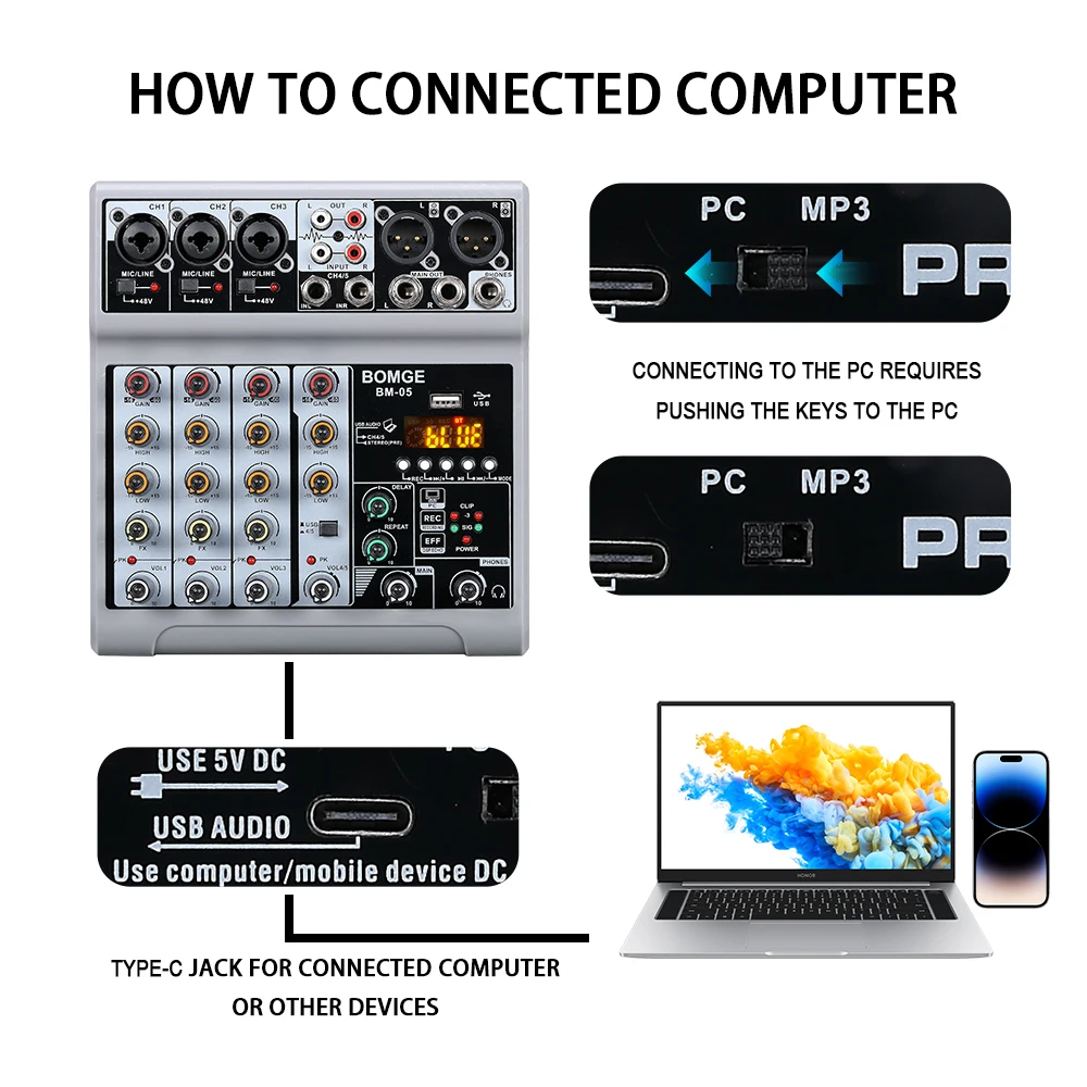 5 Channel Digital Audio Mixer Board Mixing Console interface with USB BT Echo Delay Effect 48V for Recording DJ