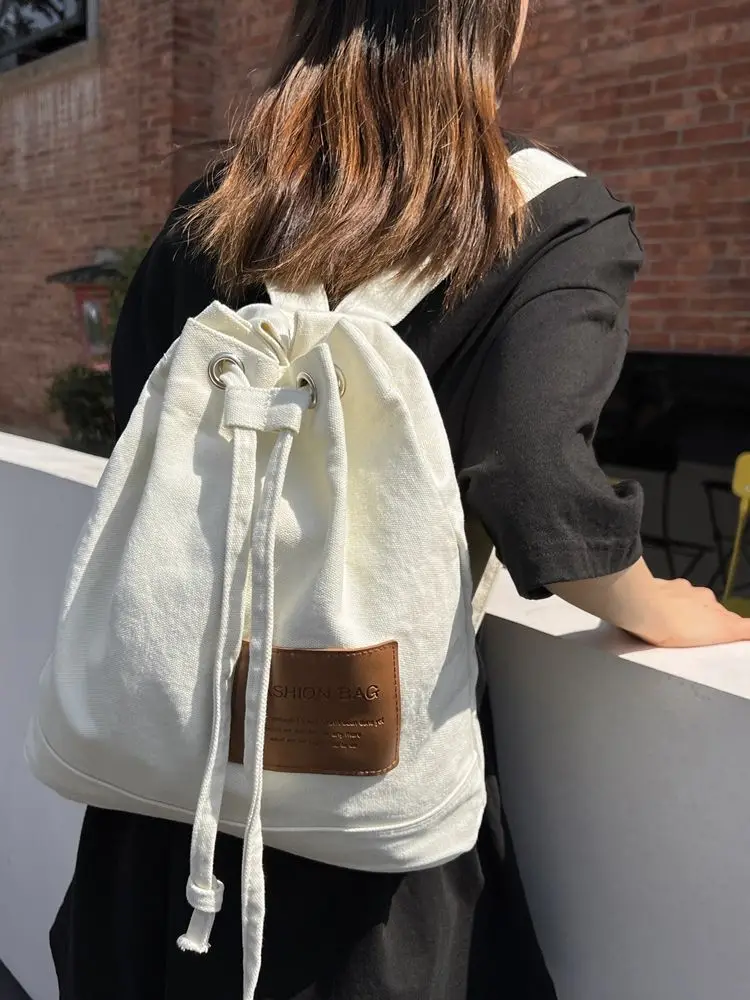 Fashionable Japanese Literary And Artistic Canvas Women's Bag Casual Simple And Versatile Large Capacity Bucket Shaped Backpack