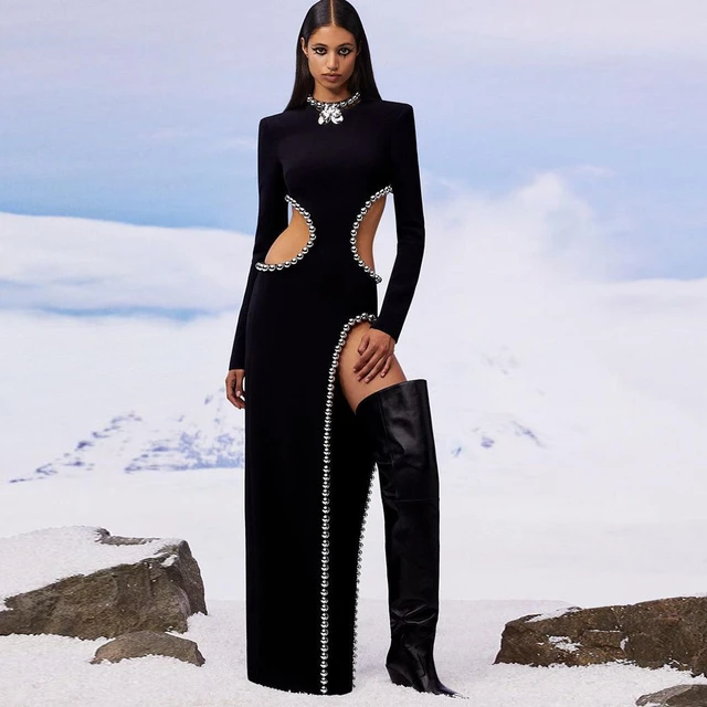 Black Matte Crepe Designer Cutout Ankle Length Slit Prom Dress