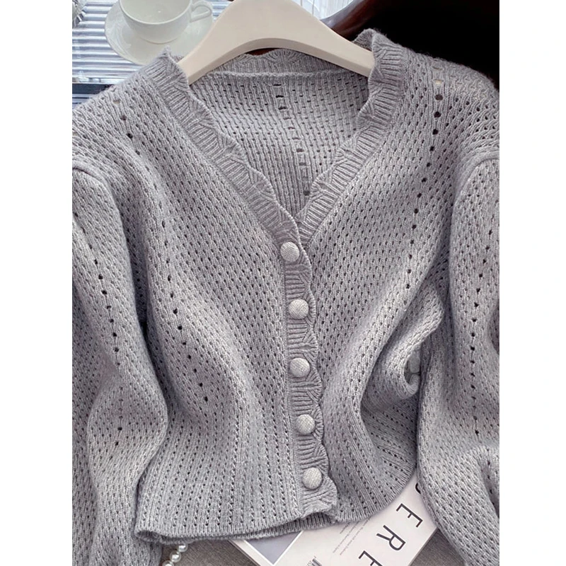 여성용 트렌디 할로우 카와이 시크 겉옷, 싱글 브레스트 니트 카디건, Y2K 여성 캐주얼 스위트 솔리드 긴팔 스웨터 코트