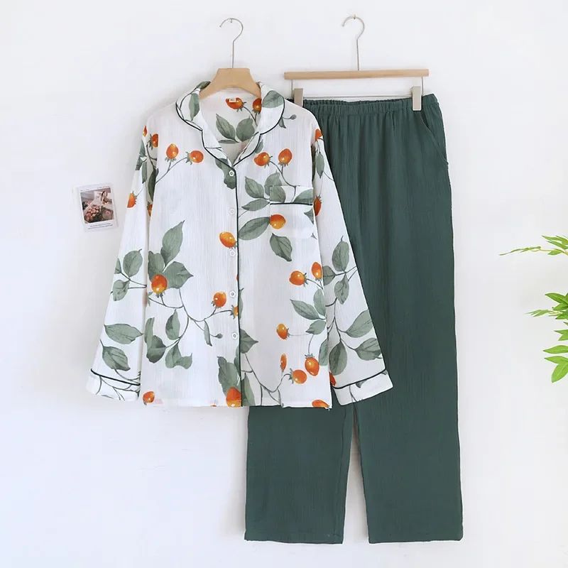 2024 Japanese New Women's Pajama Set 100% Pure Cotton Crepe Flower Minimalist Long Sleeve Two Piece Home Fury Set Sleepwear