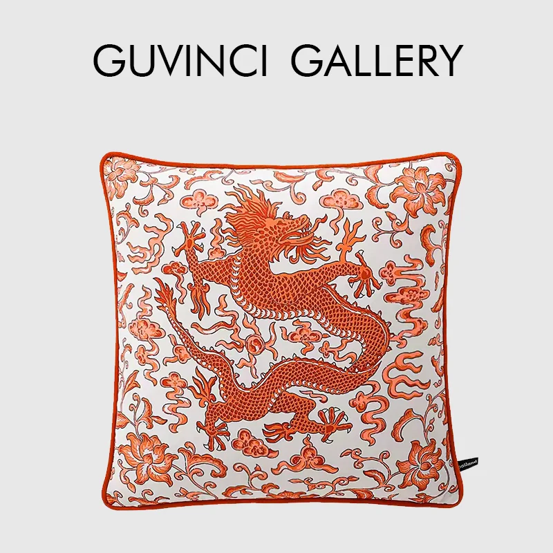 

GUVINCI Imperial Dragon Decorative Pillow Cover In Orange Chinoiserie Motif Luxury Velvet Cushion Cover 50x50cm Chic Home Decor