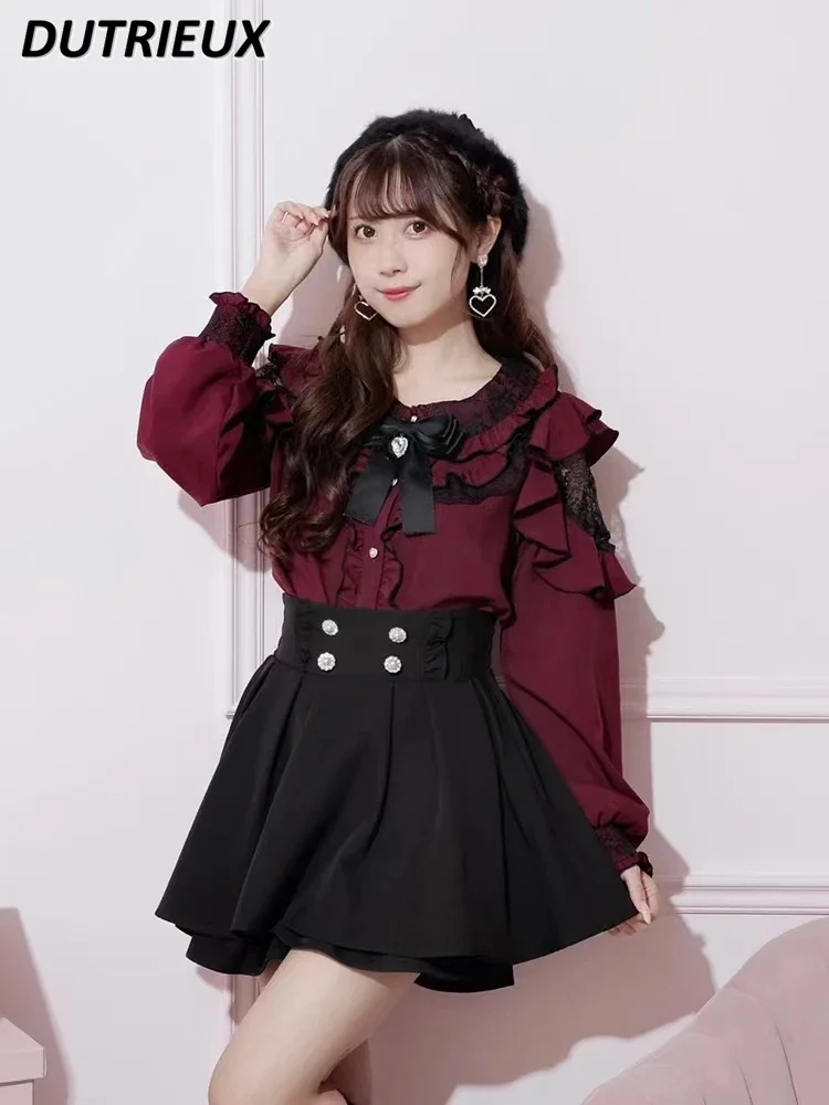 

Japanese Blouse Women Top Elegant Lace Ruffles Off Shoulder Sweet Bow Mine Long Sleeve Shirt JK Girl Spring Autumn New Camisas
