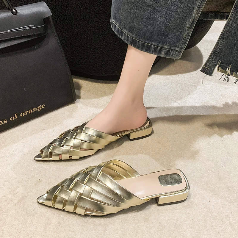 

Женские шлепанцы без застежек, черные туфли на плоской подошве, с острым носком, с переплетением, без застежки, сандалии, лето 2023