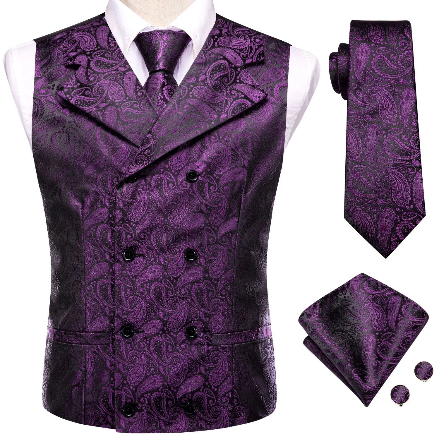 

Purple Black Men's Vests Fashion Silk Paisley Jacquard Waistcoat Jacket NeckTie Hanky Cufflinks for Men Business Designer Hi-Tie