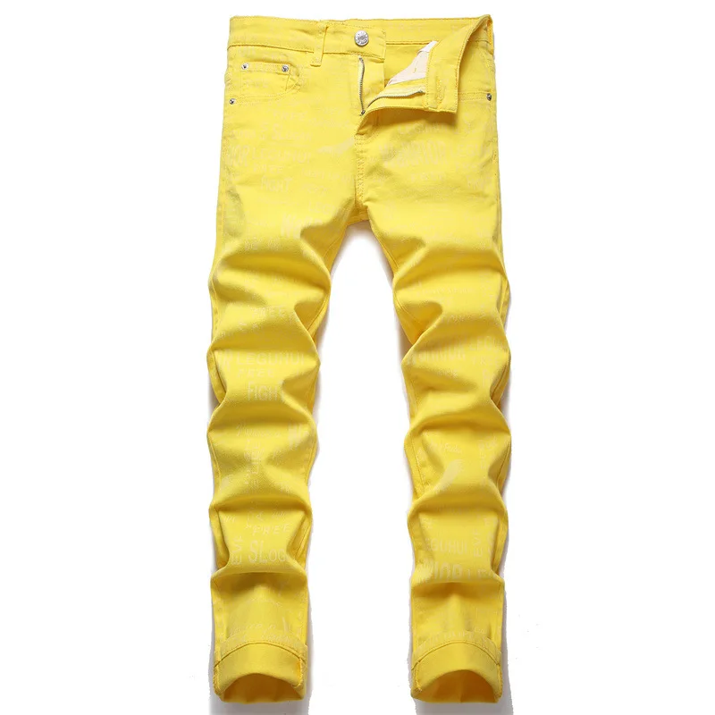 

High Quality 2023 Spring Summer Street Men's Jeans Digital Print Yellow Youth Fashion Tight Mid-Waist Elastic Casual Pants