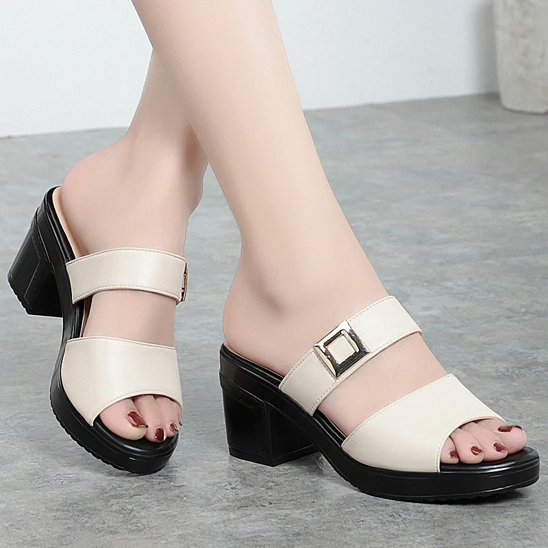 Comfort Anti-slip Soft Leather Sandals Women Summer Thick Soles High Heel Wearing Straight Line Fish Mouth Outdoor Sandals