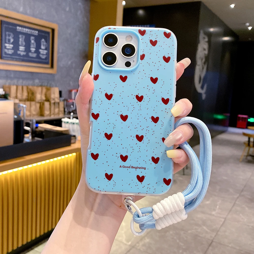 Heart Polka Dot Wrist Strap TPU Phone Case with Lanyard Cover