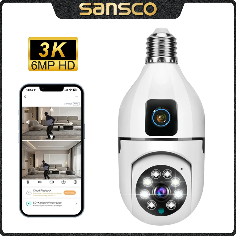 Sansco 3K 6Mp Dual Lens E27 Bulb Wifi Camera Dual Screen Motion Detection Indoor 4Mp Ptz Telecamera Ip Di Sorveglianza V380 Pro