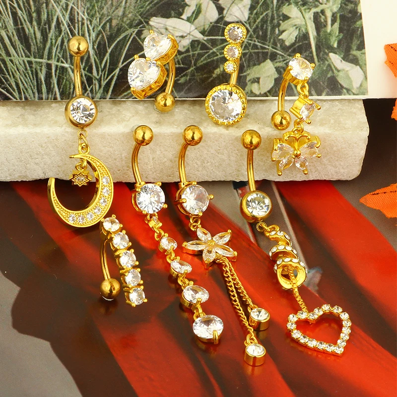 1pc Golden Belly Button Rings Pack Stainless Steel Long Dangling Navel Belly Piercing Jewelry For Women 14G Belly Bar Kit Stud