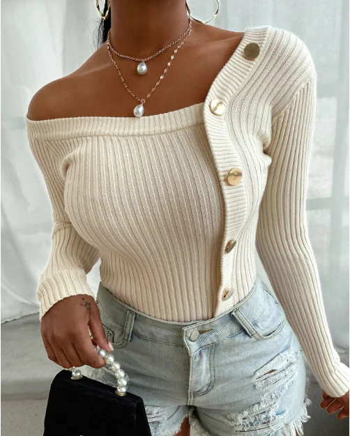 

Top Women 2023 Autumn New Fashion Splice Button Design Casual Solid color Long Sleeve Slim Fitting Daily thread Pullovers Top