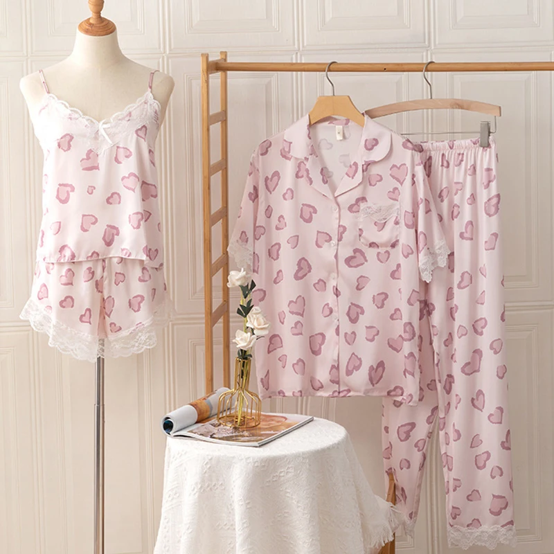 

Spring Summer Women 4PCS Pajamas Set Pink Print Love Lace Trim Sleepwear Strap Top&shorts&shirt&pant Pijamas Suit Satin Homewear