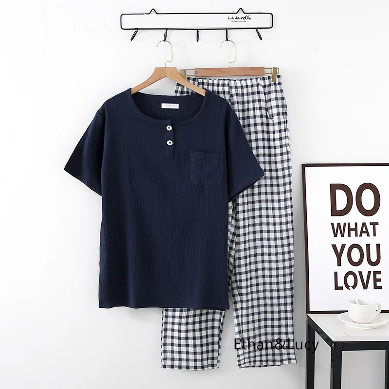 

Cotton Long Sleeve Up Button Collar Pullover Tops with Plaid Trouser Plus Size Mens Clothing Pajama Sets Nightwear Men Sleepwear