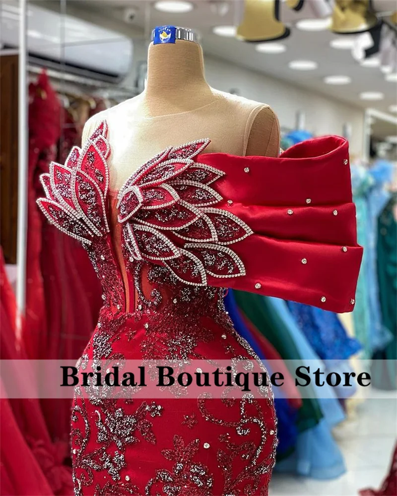Exquisite Red Dubai Mermaid Evening Dress Off Shoulder Beading Crystals Rhinestones Sequins Wedding Prom Party Dress Robes