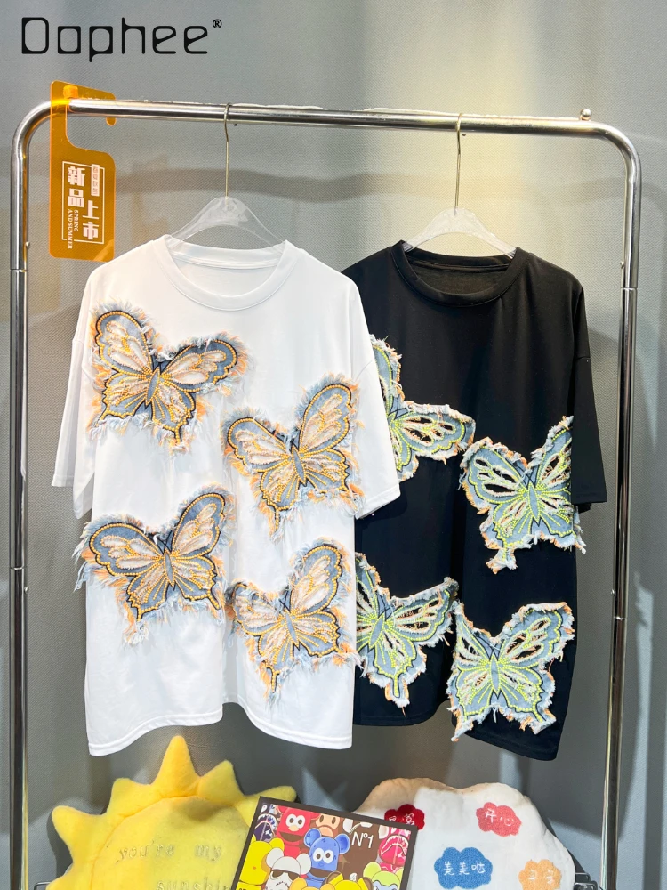 

Denim Butterfly Embroidered T-shirt for Women 2024 Summer New Loose Mid-Length Short Sleeve All-Match round Neck White Top