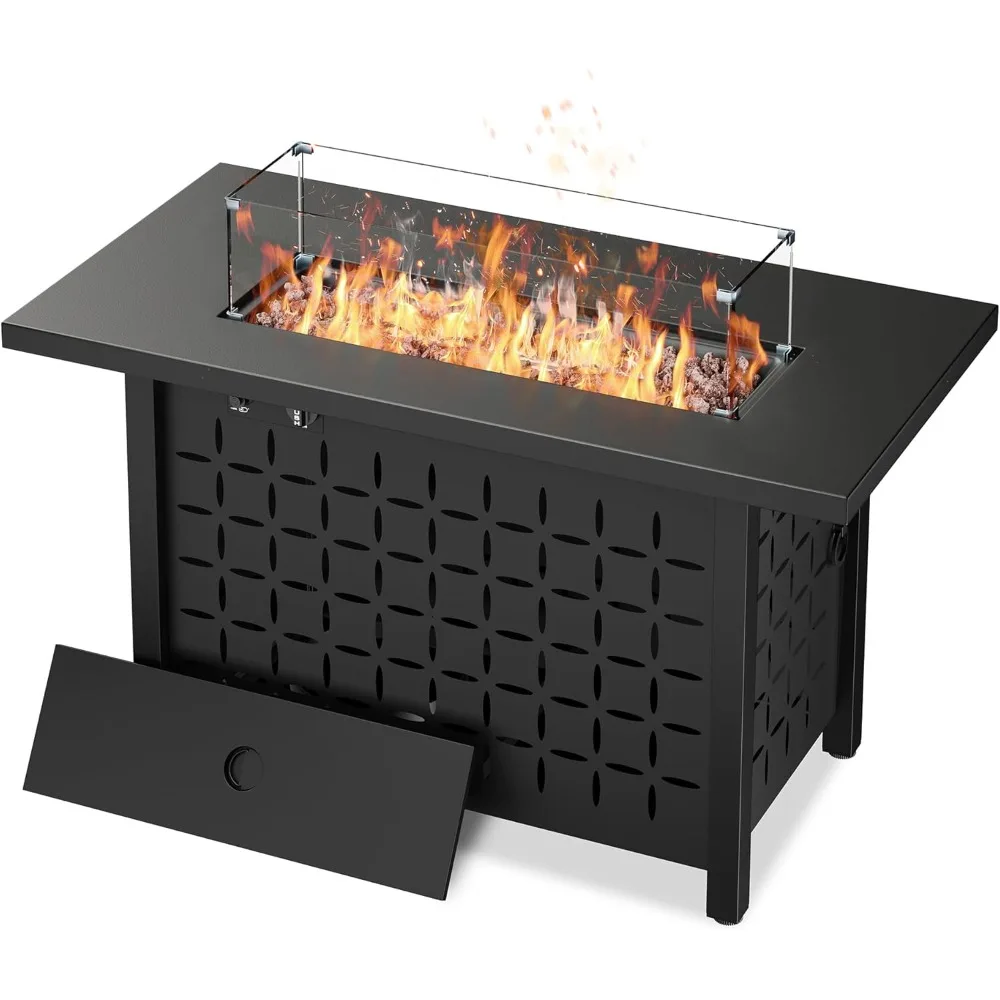 Gas Fire Pit Table 43 inch, 50,000 BTU Outdoor Rectangular Propane Firepit Table with Lid, Glass Wind Guard,2 in 1 Firepit
