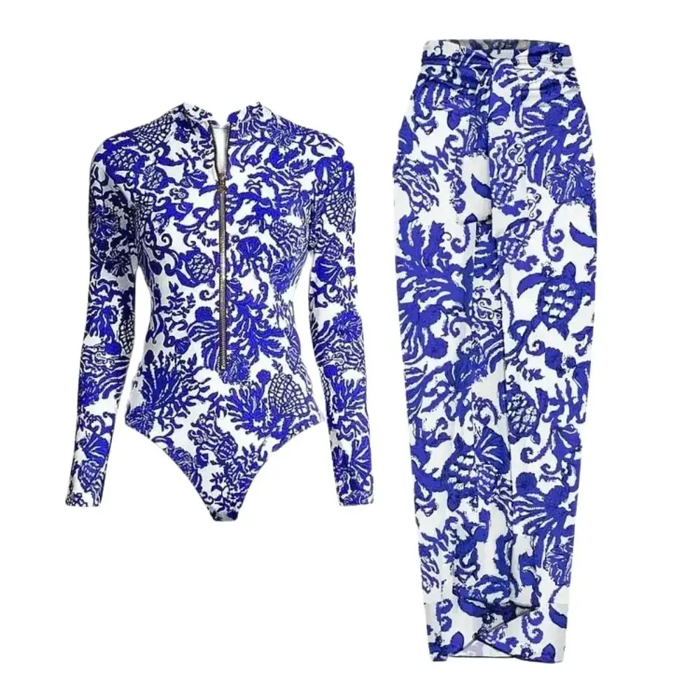 2024 Women Swimsuit two-piece Zip Blue White One Piece Swimwear  flaxmaker Beachwear Luxury Bathing Suit Bikini surfing suit
