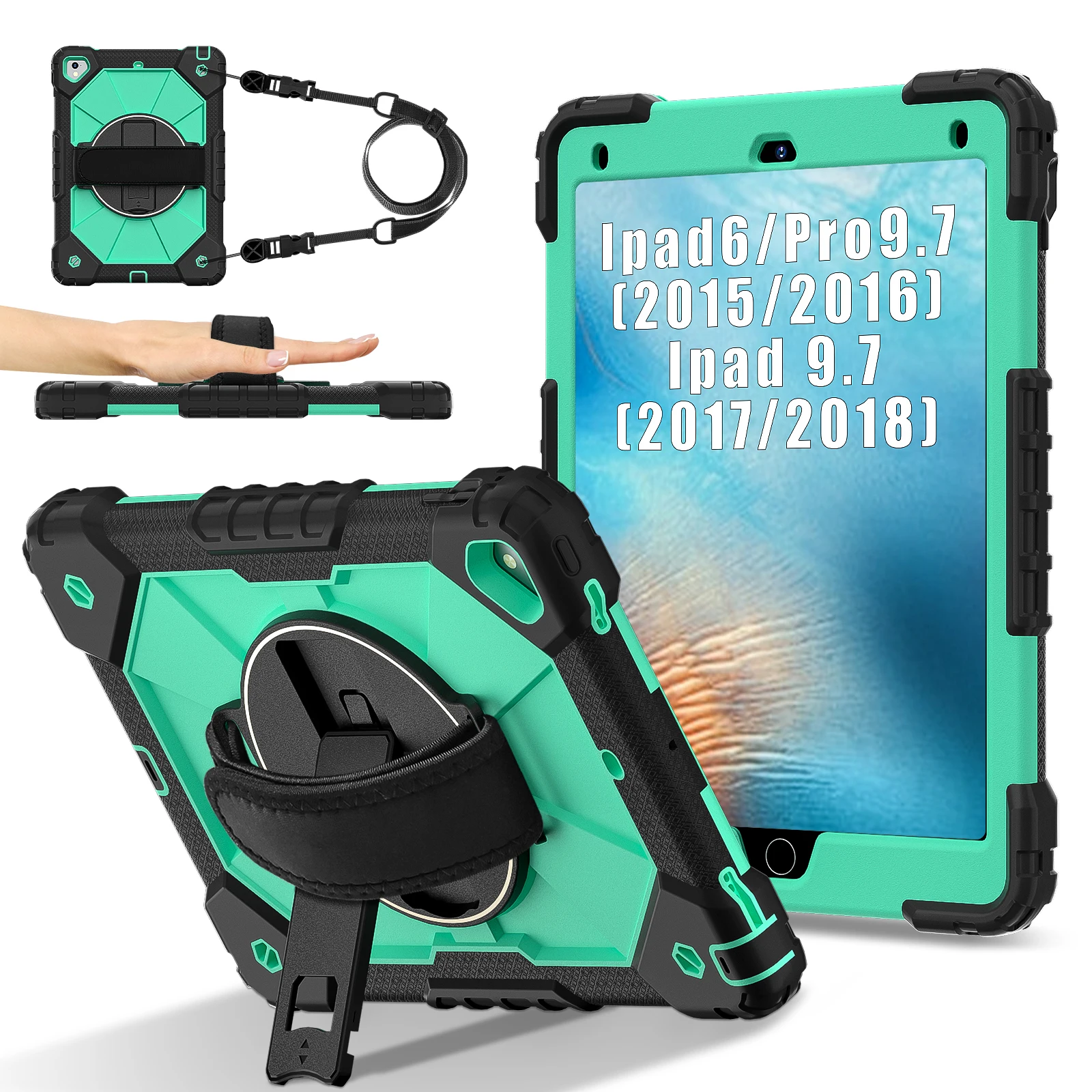 Versatile Rotatable Heavy Duty iPad Case with Rugged Stand and Shoulder Strap