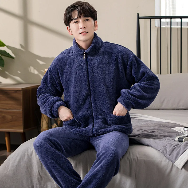 Casual Solid Pajama Sets Men Winter Thick Flannel Warm Pajamas for Men Simple Lapel Zipper Men's Sets Trendyol Sleepwear Solid c
