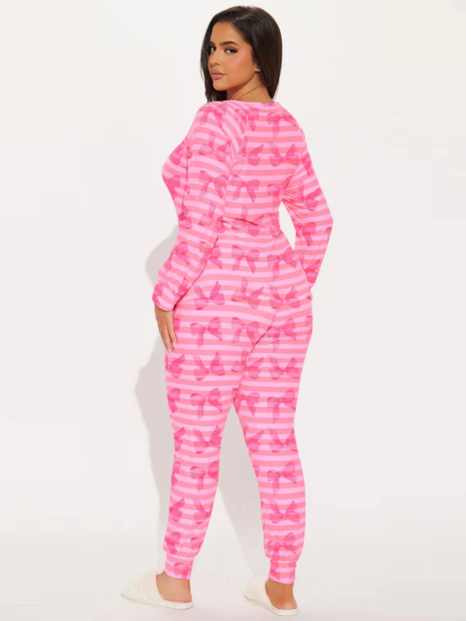 Women s Valentine s Day Jumpsuit Elegant  Fit Casual Heart Print Striped Button Up V-Neck Long Sleeve Romper with Bow Detail