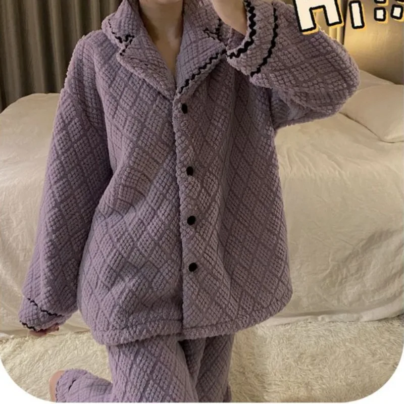2024 New Korean Version Pajamas Women's Winter Coral Velvet Sleepwear Thickened Plush Warm Loungewear Flannel Homewear Set