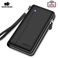 BISON DENIM Genuine Leather Men's Wallet RFID Blocking Long Purse Coin Case Passport Cover For Mens Credit Card Holder W8226 1