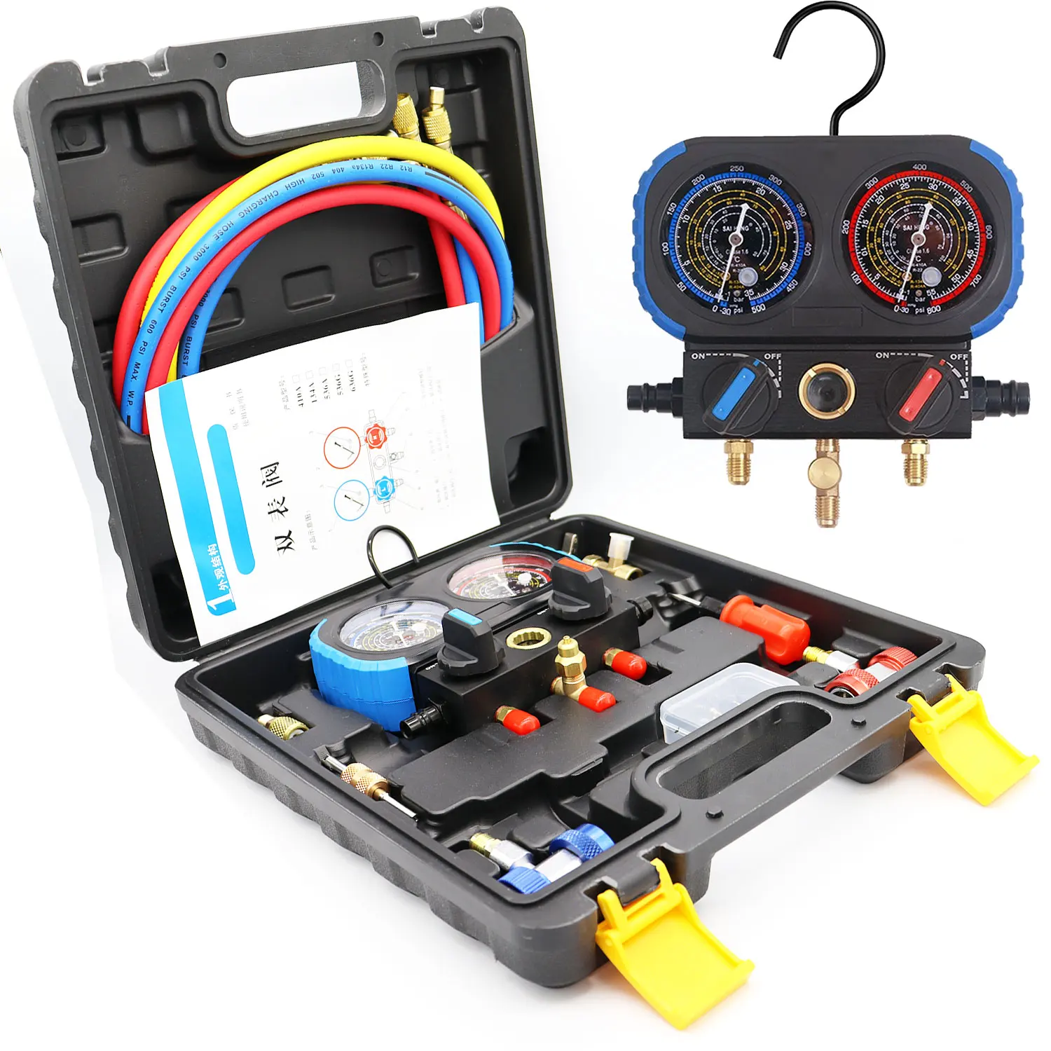 Ac Recharge Kit Mua HVAC Gauges, AC Manifold Gauge Set For R410a R134a R22 Refrigerant Aluminum Body Sight Glass B07prdf844 HVAC Refrigerant Gauge Kit For R134A R410A R22 With Couplers - View #9