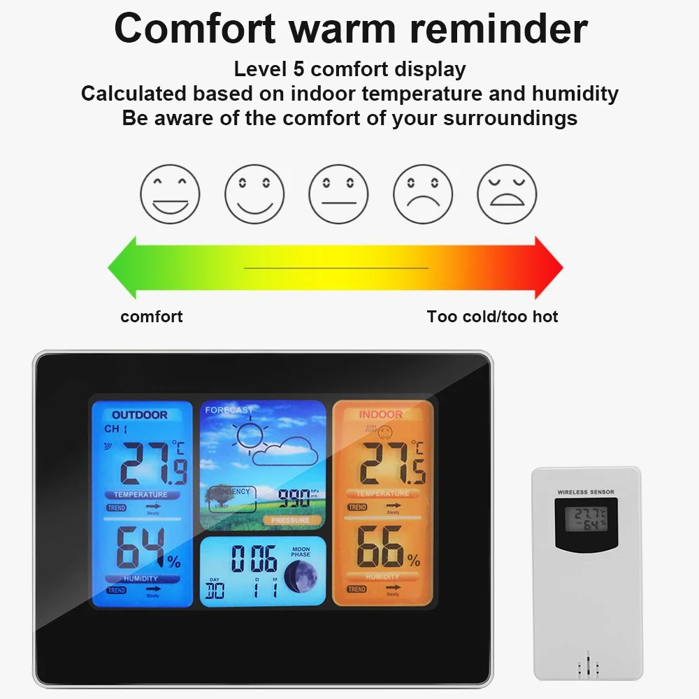 

Multifunction Wireless Weather Station Digital Alarm Clock Thermometer Humidity w/Sensor Weather Forecast Barometer