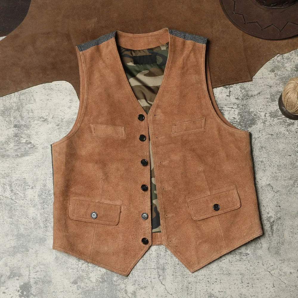 

American Retro Leather Vest with Reverse Suede Cowhide V-neck Short Slim Fit Vest, Amikaki Contrasting Leather Shoulder