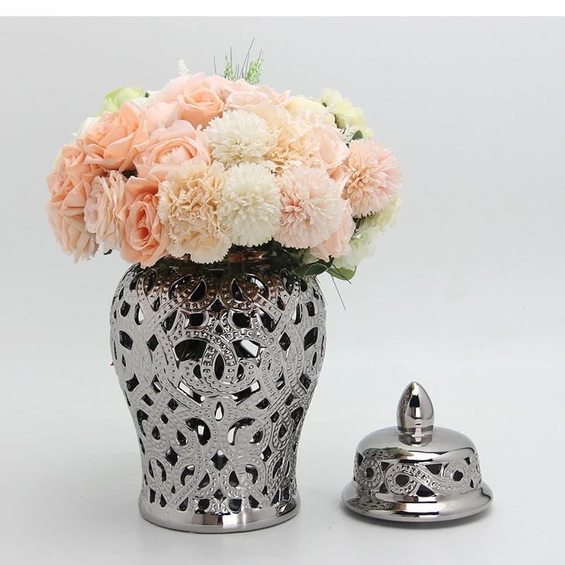 

Vintage Ceramic Ginger Jar Silver Hollow Dried Flower Vase Modern Home Decor Living Room Storage Flower Arrangement Accessories