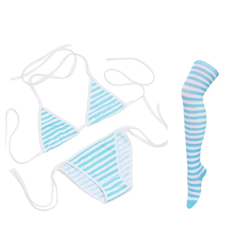 Sexy Women Underwear Set  Striped Bikini Thigh High Stocking Swimsuit Erotic Costumes Cosplay Japanese Anime Bra Briefs