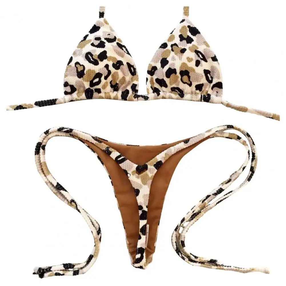 Two-piece Bikini Set Leopard Print Halter Bikini Set Cherry Print Thong Swimsuit Sexy High Waist Lace-up Bathing Suit for Women