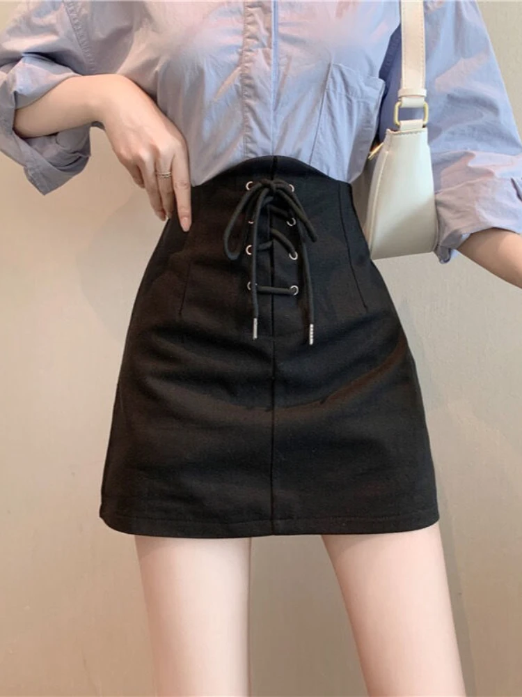 HOUZHOU Elegant Mini Skirt for Women Bandage Vintage A-line High Street Korean Fashion Black High Waist Skirt Summer 2022 Casual